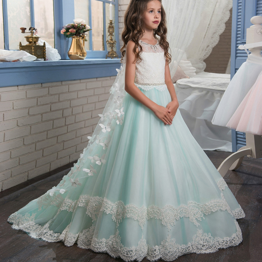 Light Cyan Mesh Sleeveless Kids Fairy Wedding Dress