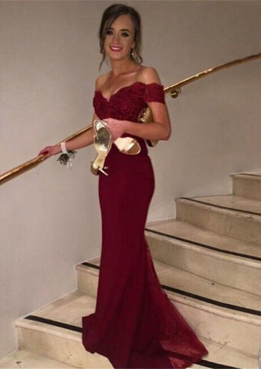 Crimson Off-Shoulder Sleeveless Mermaid Evening Dress