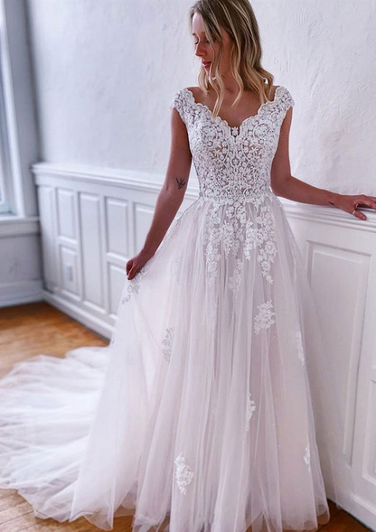 Ivory Lace Applique Off-Shoulder Sleeveless Long Wedding Dress