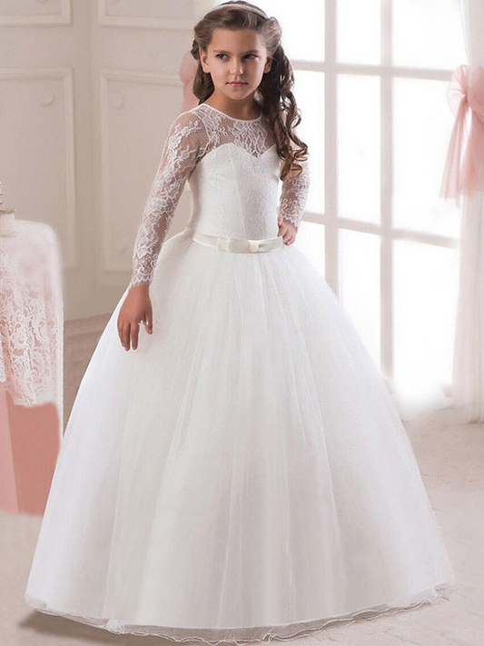 White Lace Jewel Neck Long Sleeves Kids Wedding Dress