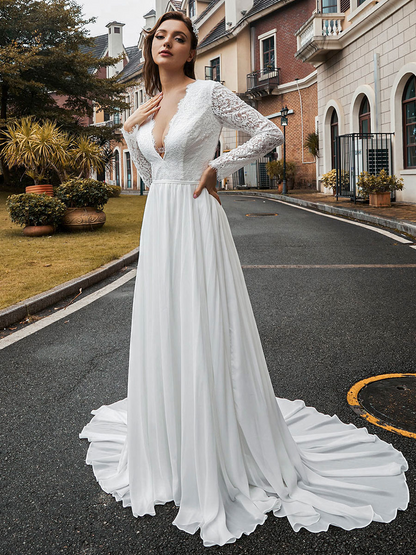 White Lace Deep V Neck Backless Full Sleeves Wedding Dress