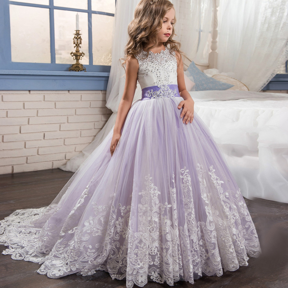 Beaded Lace Embroidered Sleeveless Kids Wedding Dress