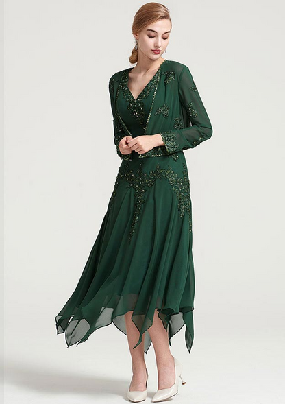 Green Appliqued Beaded Bridesmaid Dress