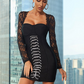 Black Square Neck Lace Long Sleeves Evening Dress