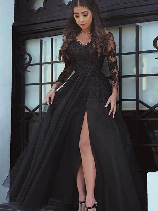 Black Applique Full Sleeves Long Evening Slit Dress