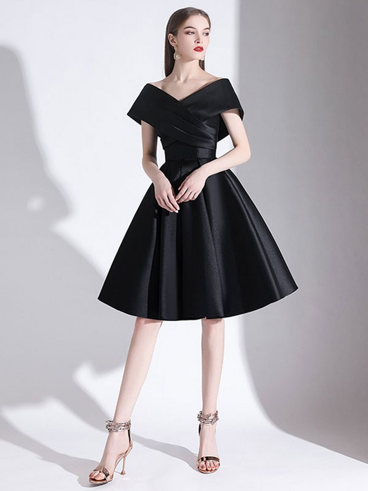 Black Satin V Neck Pleated Short Prom Dress