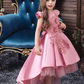 Pink Applique Beaded Short Sleeves Tail Kids Party Dress