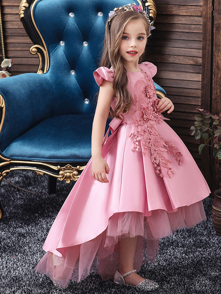 Pink Applique Beaded Short Sleeves Tail Kids Party Dress