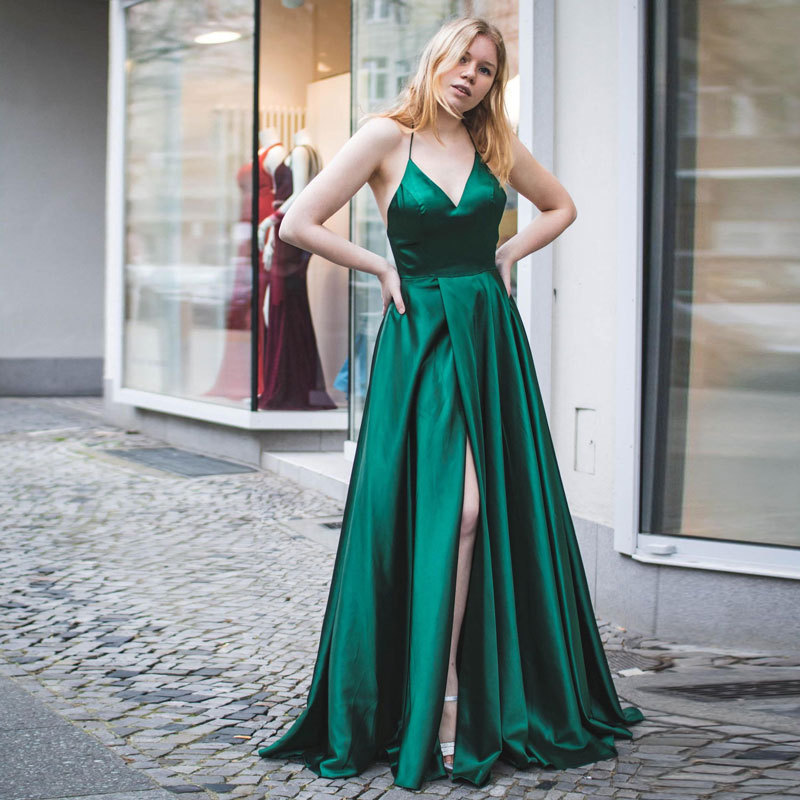 Green Satin Sleeveless Backless Bridesmaid Dress