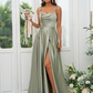 Satin Simple Spaghetti Strap Sleeveless Maxi Bridesmaid Slit Dress