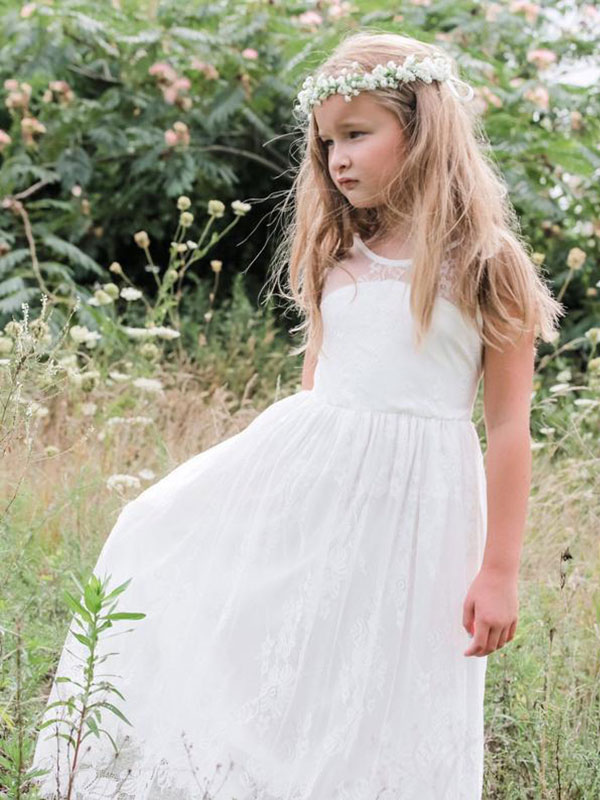 White Lace Jewel Neck Sleeveless Backless Kids Party Dress