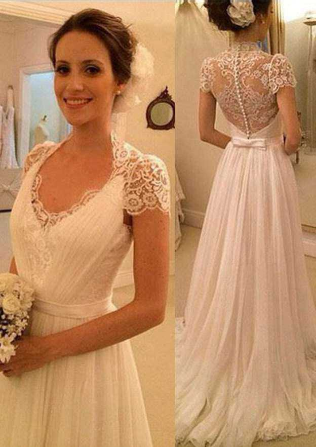 Ivory A-Line Short Sleeves Long Wedding Dress