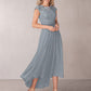 Light Gray Chiffon Jewel Neck Short Sleeves Lace Embroidered Bridesmaid Dress