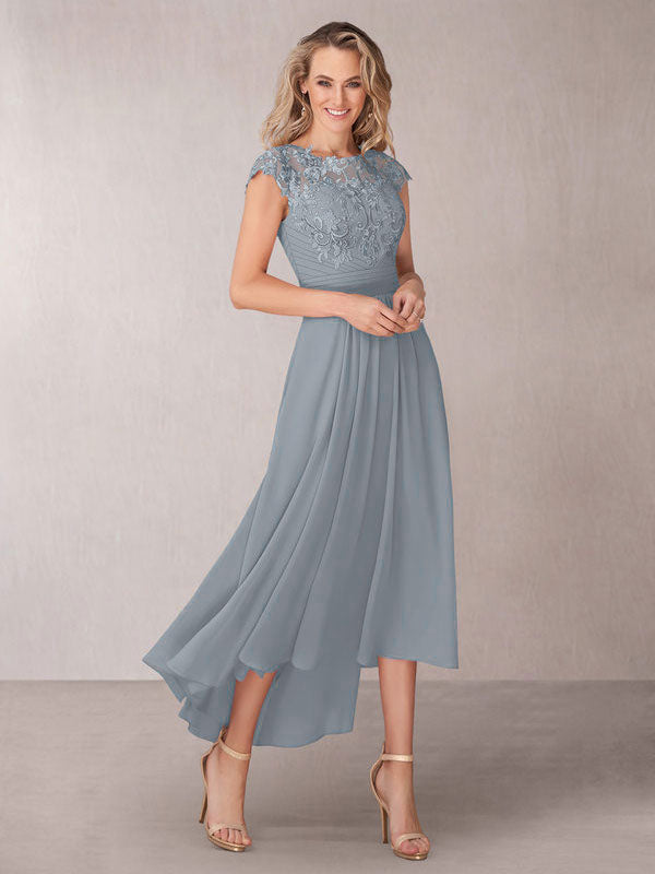 Light Gray Chiffon Jewel Neck Short Sleeves Lace Embroidered Bridesmaid Dress