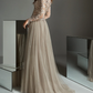 Champagne Long Sleeves Lace Detailing Applique Evening Dress