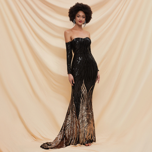 Black Off Shoulder Long Sleeves Evening Dress