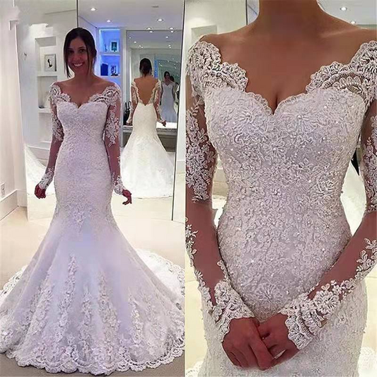 White Lace Embroidered Deep V Neck Wedding Dress