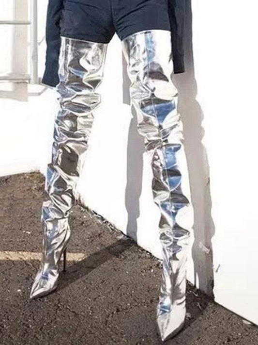 Radiant Silver Patent Leather Thigh-High Boots