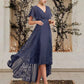 Steel Blue V-Neck Short Sleeves A-Line Pleated Prom Dress