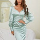 Light Cyan Square Neck Long Puff Sleeves Prom Dress