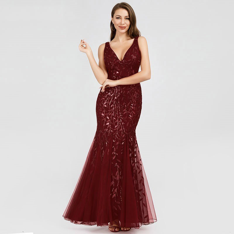 Sequin Deep V Neck Sleeveless Mermaid Evening Dress