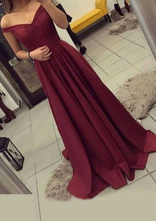 Dark Red V Neck Off-Shoulder Sleeveless Long Prom Dress