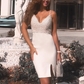 White Beaded Deep V Neck Short Evening Dress