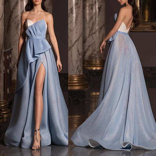 Blue Strapless Side Split Evening Dress