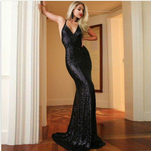 Black Spaghetti Strap Brush Train Evening Dress