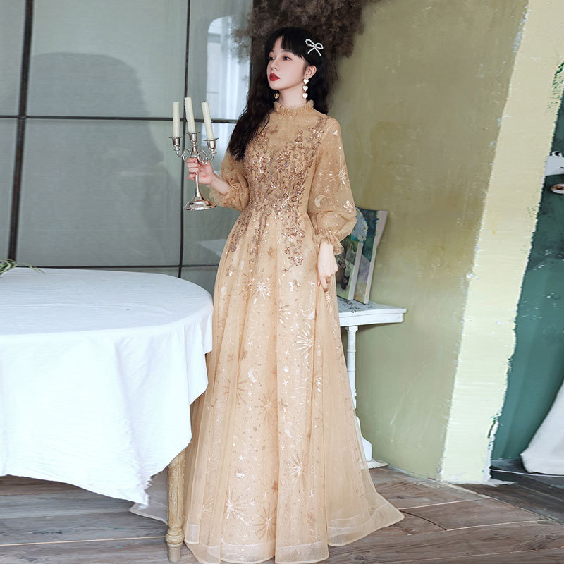 Champagne Sequin Long Puff Sleeves Evening Dress