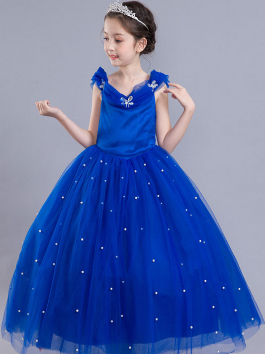 Blue Beaded Jewel Neck Sleeveless Kid's Party Dress