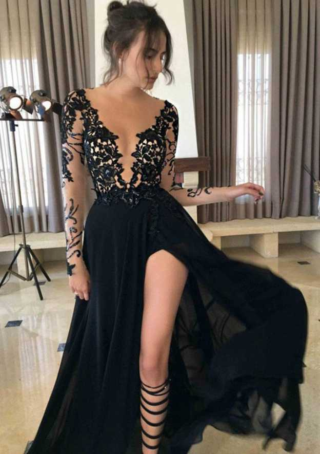 Black Lace Full Sleeves Long Slit Prom Dress