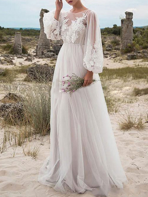 Ivory A-Line Lace Applique Jewel Neck Long Puff Sleeves Wedding Dress