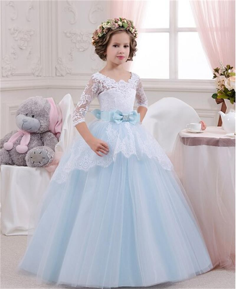 Mesh Lace Embroidered Long Sleeves Kids Wedding Dress