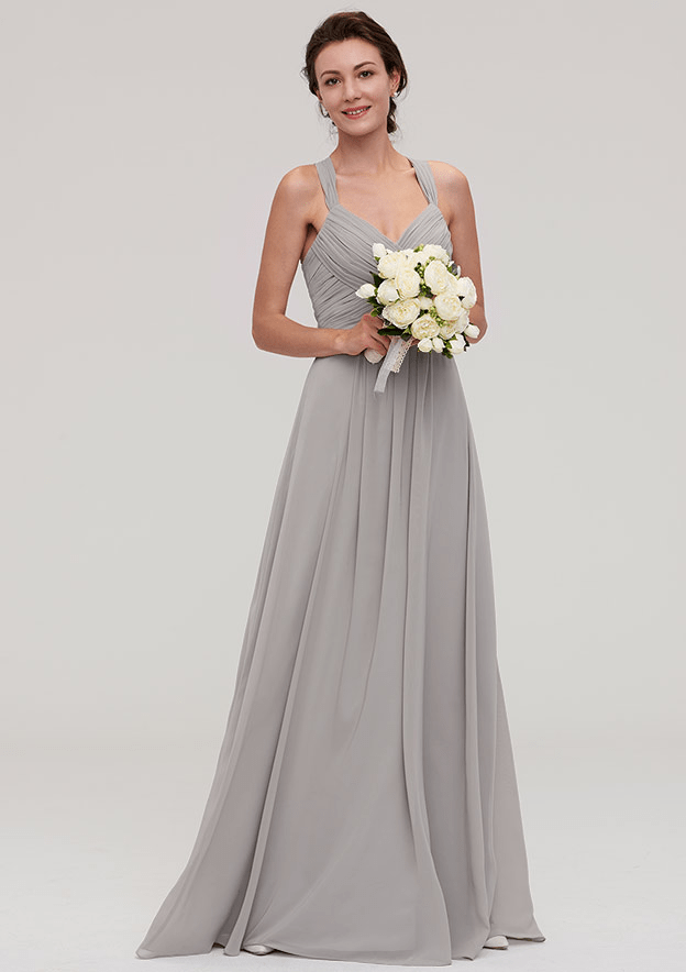 A-Line Silver Sleeveless Floor Sweeping Bridesmaid Dress