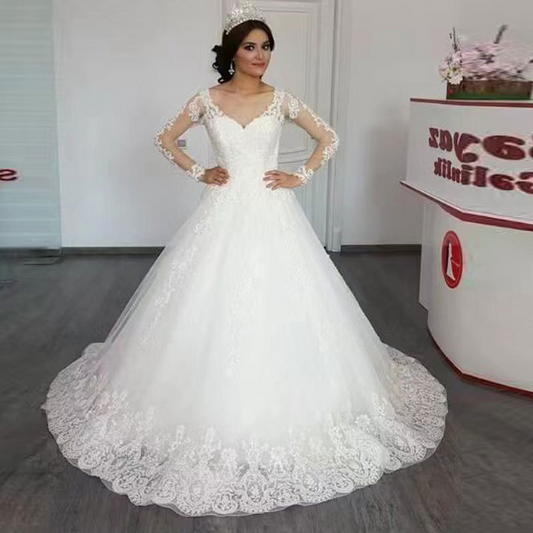 White Lace Long Sleeves Wedding Dress