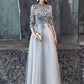 Light Gray Lace Flower Applique Half Sleeves Prom Dress