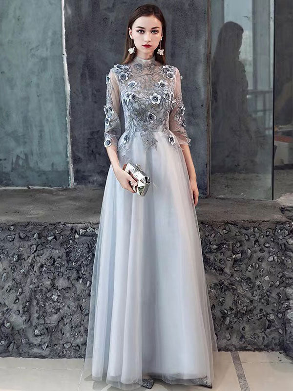 Light Gray Lace Flower Applique Half Sleeves Prom Dress