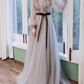 Gainsboro Jewel Neck Long Puff Sleeves Long Prom Dress