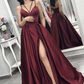 Dark Red Satin Spaghetti Strap Sleeveless Long Slit Prom Dress