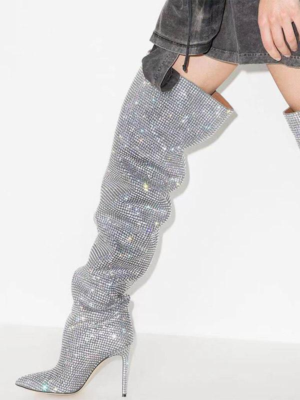 Rhinestone-Embellished Over-The-Knee Boots