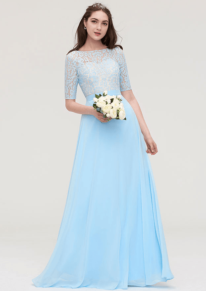 A-Line Sky Blue Lace Half Sleeves Maxi Bridesmaid Dress