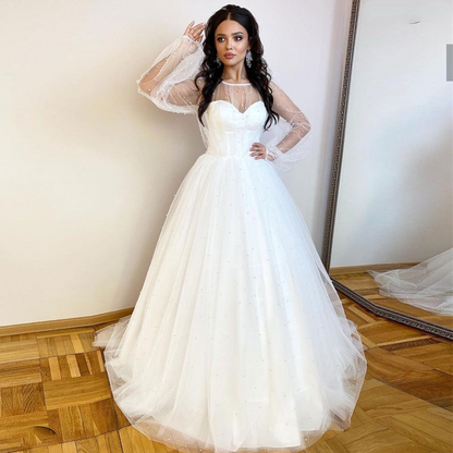 White Long Puff Sleeves Wedding Dress