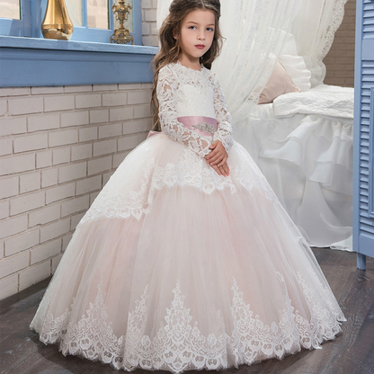 Cornsilk Lace Embroidered Long Sleeves Kids Wedding Dress