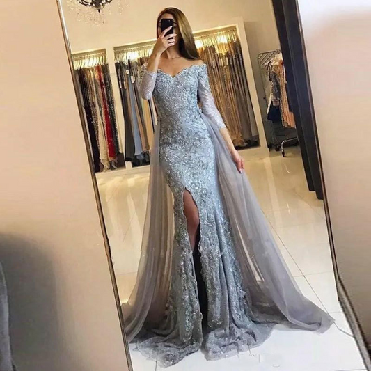 Off Shoulder Long Sleeves Brush Train Evening Dress