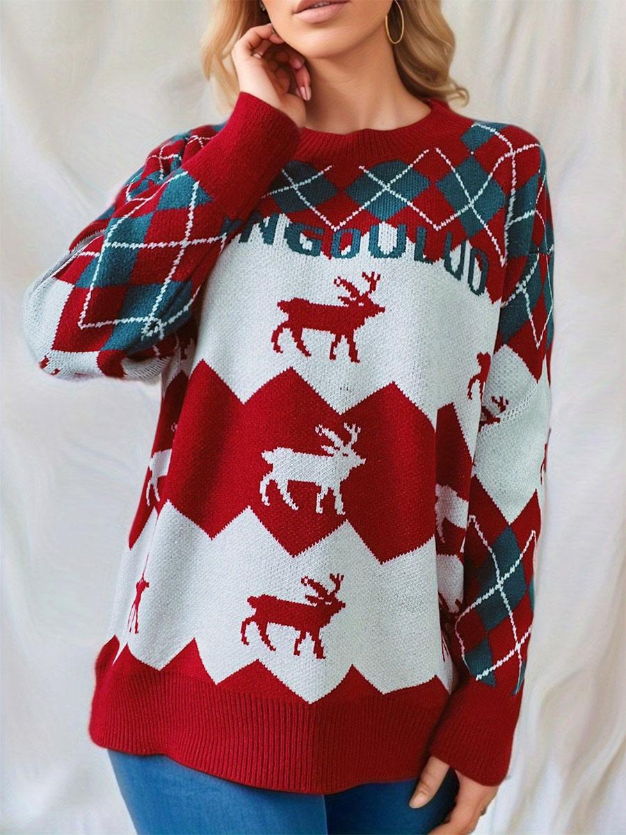 Knitted Elk Printed Pullover Sweater