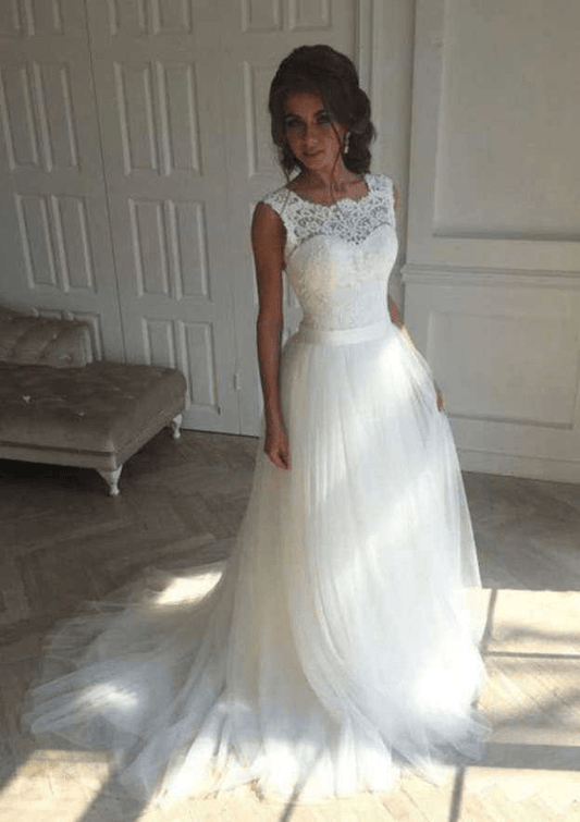 A-Line White Lace Sleeveless Long Wedding Dress