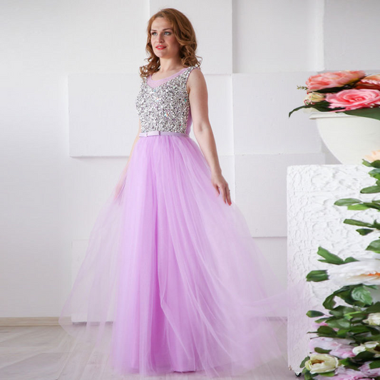 Purple Bead Pleated Evening Dress