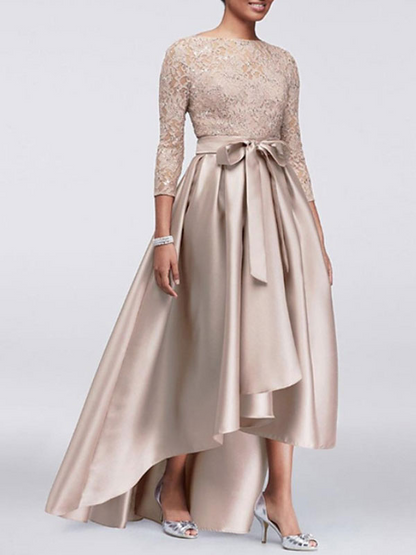 Satin Wheat Lace Sleeves Knotted Front Bridesmaid Dress