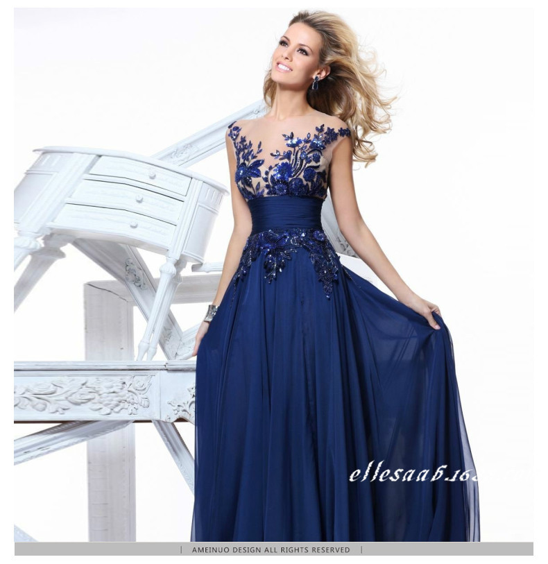 Blue Embroidered Sleeveless Backless Evening Dress